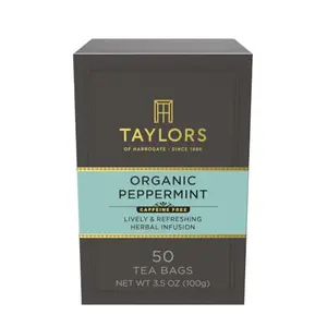 Taylors of Harrogate Organic Peppermint tea box with green leaf design