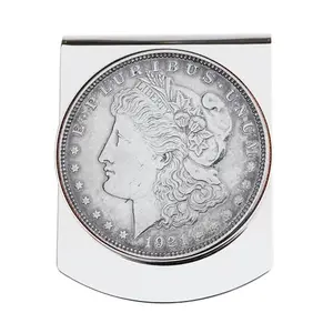 1921 Morgan Silver Dollar Money Clip with circulated coin and stainless steel design