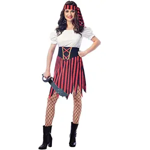 Woman wearing black and white pirate dress with belt and headpiece