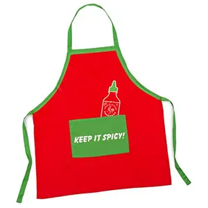 Red and green Sriracha themed apron with iconic bottle print