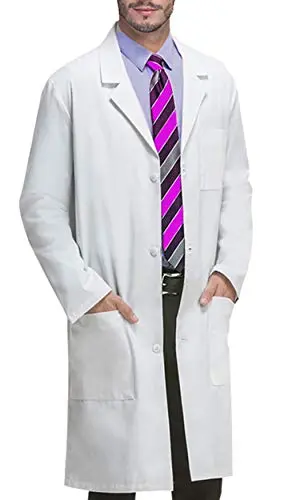 White unisex VOGRYE lab coat with three pockets and button front