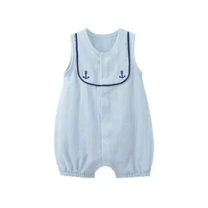 Pureborn blue anchor romper on baby with embroidered anchors