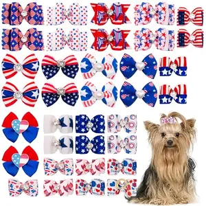 PET SHOW 20pcs 4th of July Patriotic Flag Small Dog Hair Bows with Rubber Bands