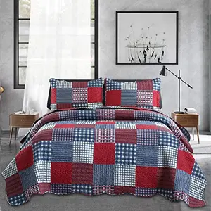 Jessy Home Plaid Quilt Set in red, blue, and white on a bed