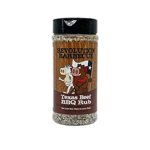 Revolution Barbecue Texas Beef BBQ Rub bottle with brisket in the background