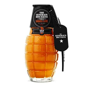The General's Shock & Awe hot sauce in a grenade-shaped glass bottle with metal dog tag