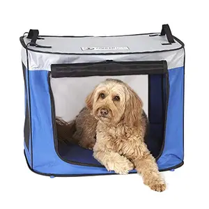CoolerDool blue popup shade tent on sand at beach with dog inside