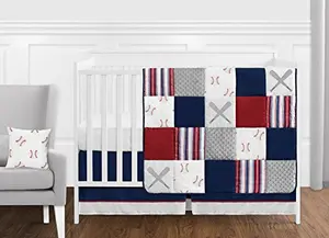 Red white and blue baseball patchwork crib bedding set by Sweet Jojo Designs