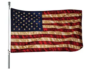 Vintage tea-stained American flag with rustic outdoor kitchen backdrop
