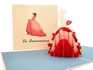 3D pop up quinceanera card with pink and red dress