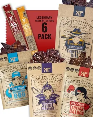 Righteous Felon beef jerky variety pack gift basket with beef, pork, and turkey jerkies