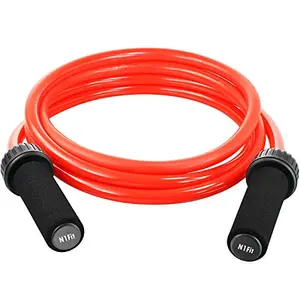 1.5 pound weighted jump rope with red PVC cord and foam grip handles for crossfit