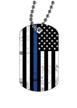 Aluminum dog tag necklace with tattered thin blue line flag