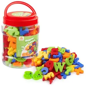 Coogam magnetic letters and numbers set with colorful plastic pieces on a fridge