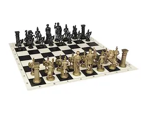 Roman-themed chess set with black and gold plastic pieces on vinyl roll-up board