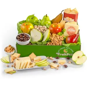 A Gift Inside Perfect Pairings Deluxe Fruit, Cheese and Gourmet Box with pears, apples, cheddar, crackers, chocolate almonds and cashews