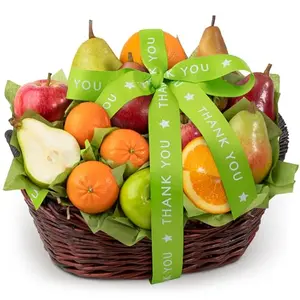 A Gift Inside Thank You fruit gift basket with fresh pears, apples, and citrus in a wicker basket with ribbon