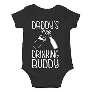 Black baby romper with 'Daddy's Drinking Buddy' text, perfect for a funny baby shower gift