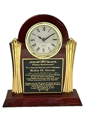 New World Accents rosewood mantle clock with gold metal columns and custom engraving