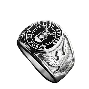 JAJAFOOK Vintage Titanium Steel US Military Air Force Ring with eagle and wings, silver tone