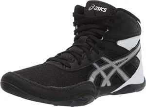ASICS Kid's Matflex 6 wrestling shoes in black and silver on a mat