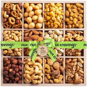 Nut Cravings wooden tray with 12 nut varieties and green ribbon for office gifting