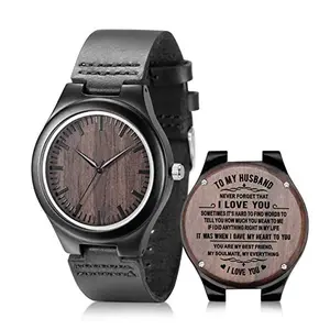 UMIPHIMAT wooden watch with engraved back and leather strap