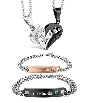 Jstyle 4-piece couple necklace and bracelet set with heart pendants on a black surface