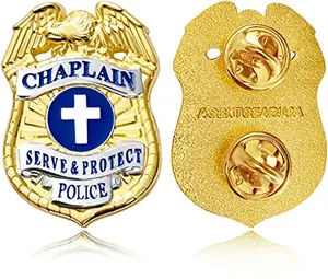 Gold lapel pin with silver panels and blue enamel, Serve and Protect design