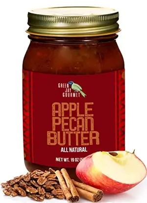 19-ounce jar of Green Jay Gourmet Apple Pecan Butter with a brown and gold label.