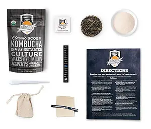 Fermentaholics classic kombucha ingredient kit with SCOBY, tea, sugar, pH strips, and thermometer