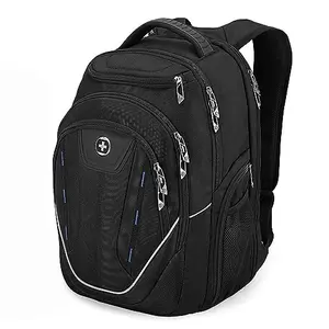 Swissdigital TSA backpack in black with 15 pockets, USB port, and RFID protection