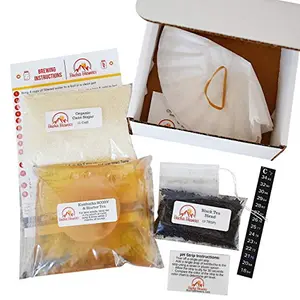 Bucha Brewers kombucha starter kit without jar, including SCOBY, tea, sugar, pH strips, and coffee filters