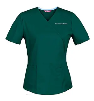 Custom embroidered women's mock wrap scrub top in blue with name embroidery on pocket area