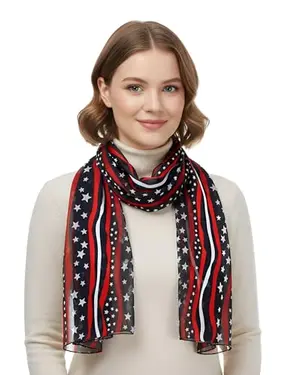 SERENITA stars and stripes navy satin scarf draped elegantly