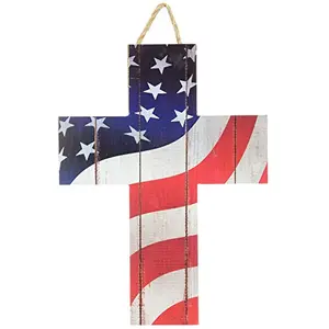 GiftWrap Etc. wooden American flag cross with jute rope hanger