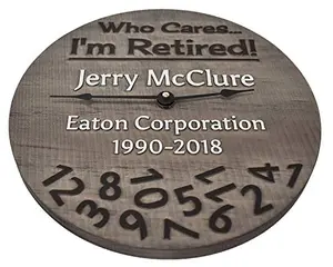 Personalized round wood retirement clock with gray finish and custom engraving