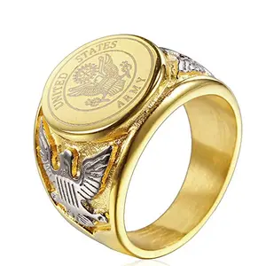 JAJAFOOK Vintage Titanium Steel US Military Army Ring with eagle medal design, gold and silver tone