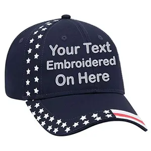 Adjustable baseball cap with USA flag pattern and custom embroidered text