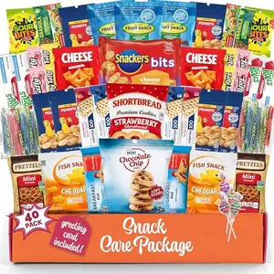 Budget-friendly snack box with individually wrapped chips, cookies and bars
