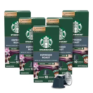Starbucks by Nespresso Original Line dark roast espresso pods box next to a shot of espresso