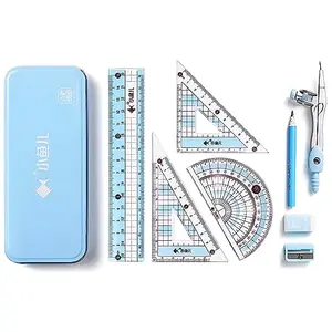 waremew 8-piece geometry set with iron storage box, compass, protractor, and rulers