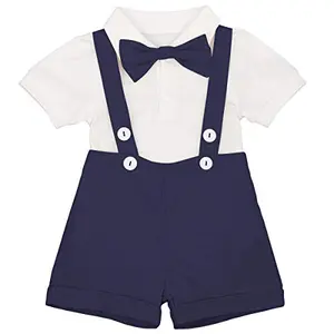 IDOPIP navy baby romper set with bow tie, short sleeve romper, and adjustable suspender shorts