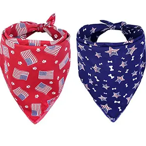 Two Lamphyface dog bandanas, one red and one blue with star and stripe accents