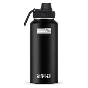 Tactical Pro Supply 32oz black patriotic water bottle with stars and stripes and carry strap