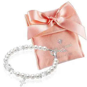 Baby Crystals Sterling Silver Baptism Bracelet with Cross Charm and Pearls