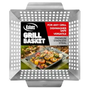 Rectangular stainless steel grill basket with long handles on a grill grate