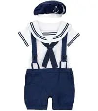 COSLAND navy blue sailor romper with hat for infant baby boy, cotton nautical Halloween costume