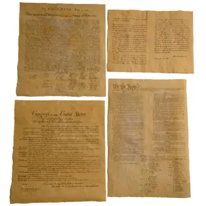 Set of 4 US historical documents on antiqued parchment paper, unframed, including Declaration of Independence