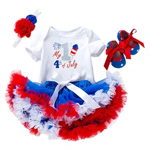 OwlFay 4th of July baby girl outfit with American flag romper and blue tutu skirt